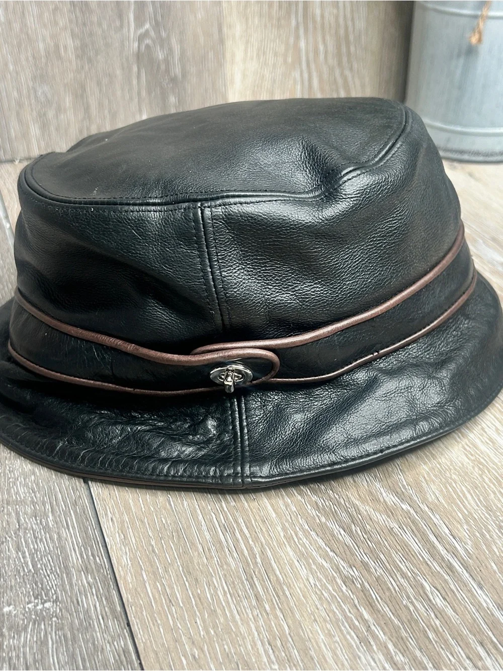 Vintage Coach Leather Bucket Hat Black with Brown Accent Band